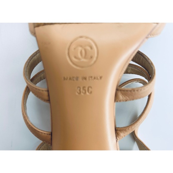 Chanel Beige Strappy Black Bow Faux Pearls Lambskin Leather EU 35 US 5 16P - Picture 7 of 7